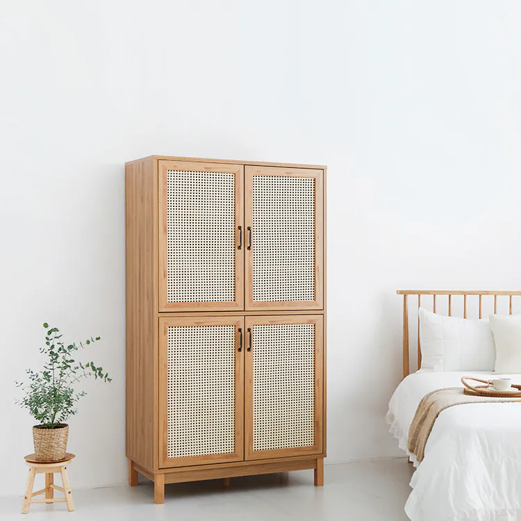 Belig Rattan Tall Sideboard 1m - 13 - Wooden wardrobe with woven mesh doors, minimalist design, natural light, white walls