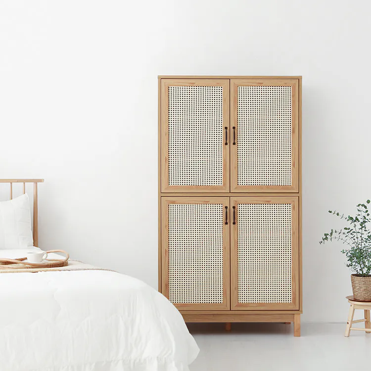 Belig Rattan Tall Sideboard 1m - 12 - Wooden wardrobe with woven panels, minimalist design, natural light, white bedding