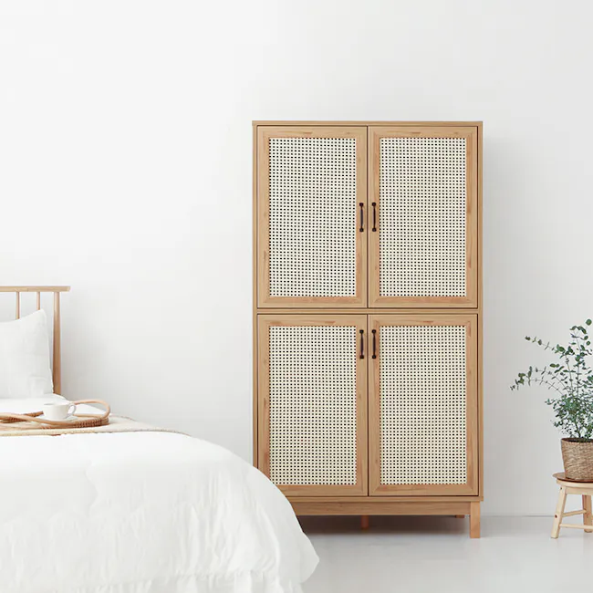 Belig Rattan Tall Sideboard 1m - 12 - Wooden wardrobe with woven panels, minimalist design, natural light, white bedding