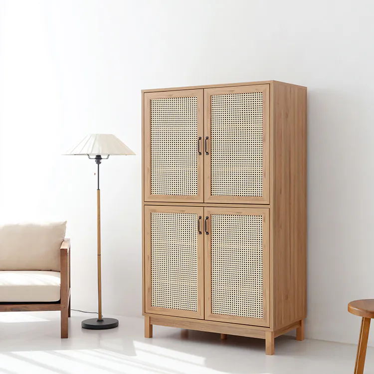 Belig Rattan Tall Sideboard 1m - 14 - Wooden cabinet with woven panels, minimalist design, light beige sofa, floor lamp with