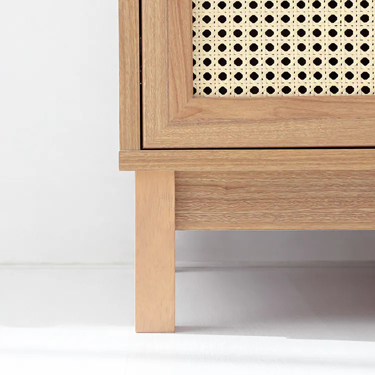 Belig Rattan Tall Sideboard 1m - 9 - Wooden side table with natural finish, minimalist design, light brown wood grain