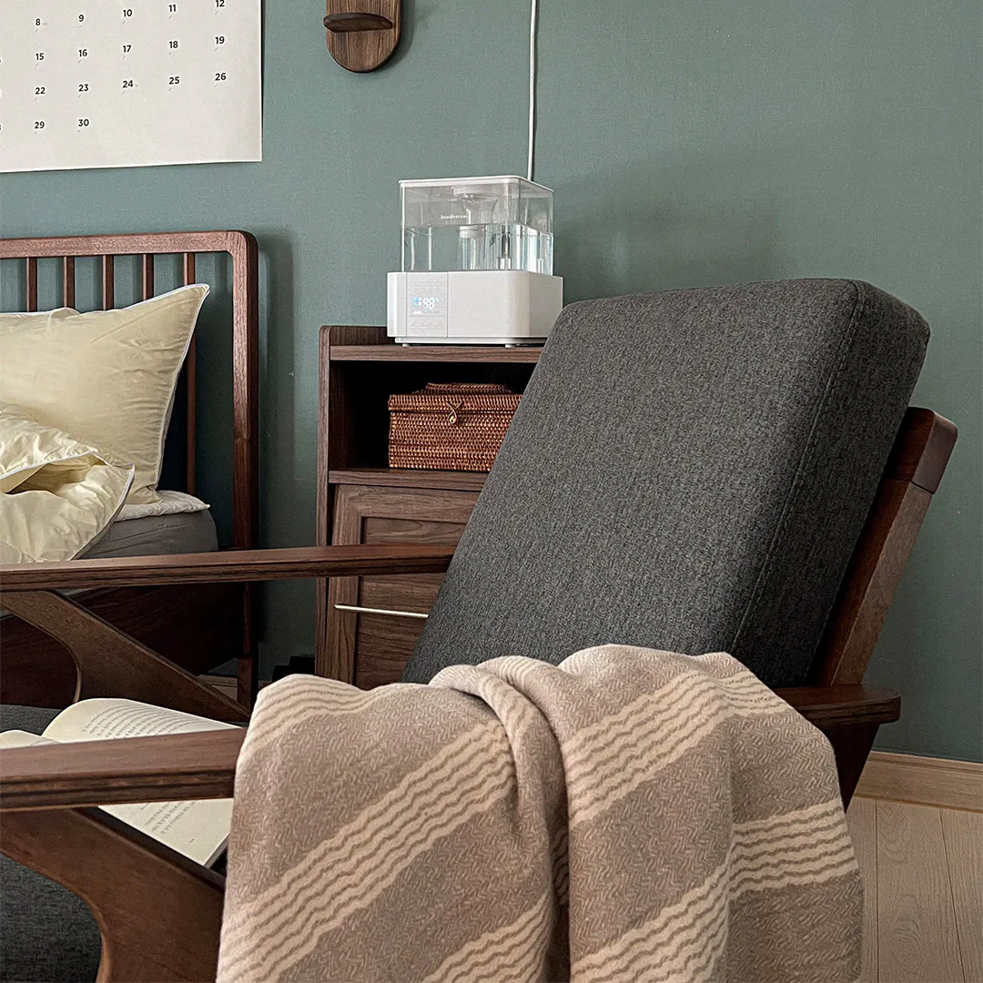 Aston Armchair - Seal - 15 - Wooden chair, beige blanket, gray chair, wooden frame, cozy room, soft lighting, wooden