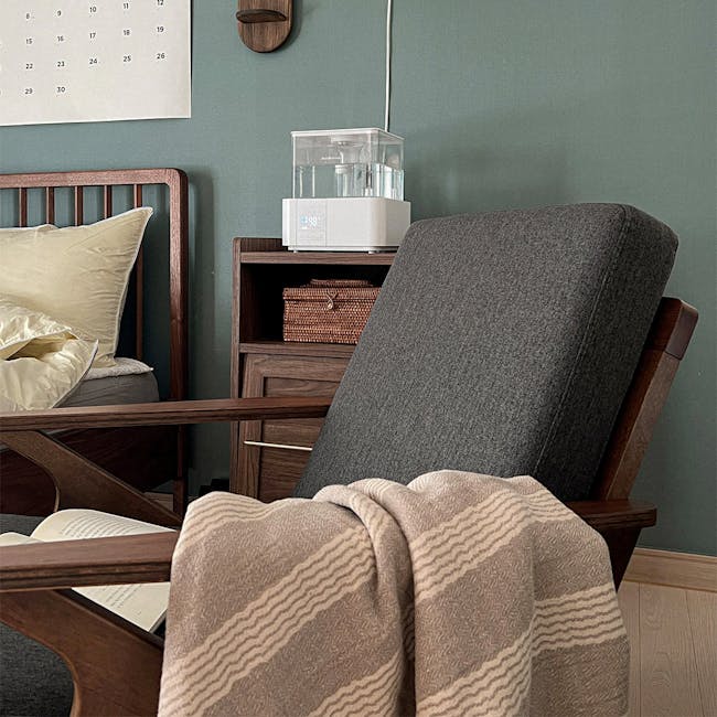 Aston Armchair - Seal - 15 - Wooden chair, beige blanket, gray chair, wooden frame, cozy room, soft lighting, wooden