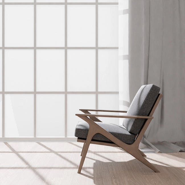 Aston Armchair - Seal - 3 - Modern minimalist chair, light gray upholstery, wooden frame, Scandinavian design, natural