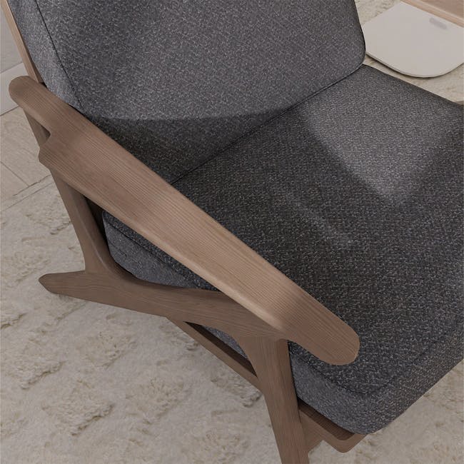 Aston Armchair - Seal - 8 - Grey upholstered chair with wooden armrests, modern design, light wood finish, textured fabric