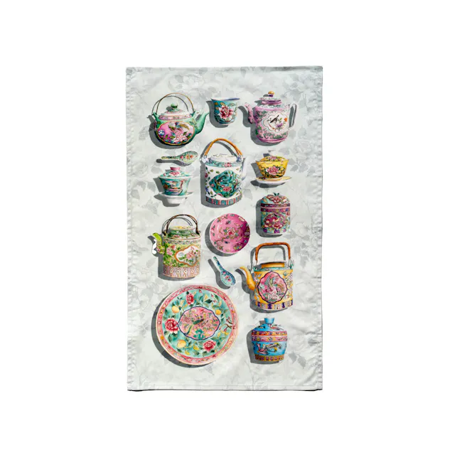 Singlapa Peranakan Teapots Tea Towel - 1 - Tea set, colorful teapot, intricately designed teapot, floral teapot, ornate