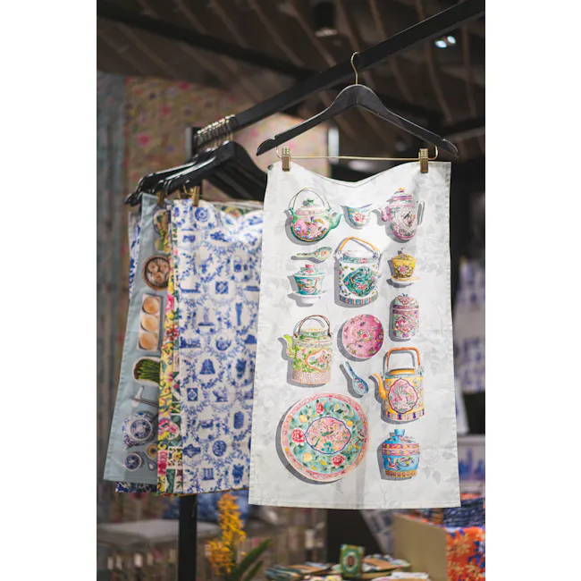 Singlapa Peranakan Teapots Tea Towel - 2 - Traditional Chinese tea set, colorful teapot, intricately designed teapot, floral