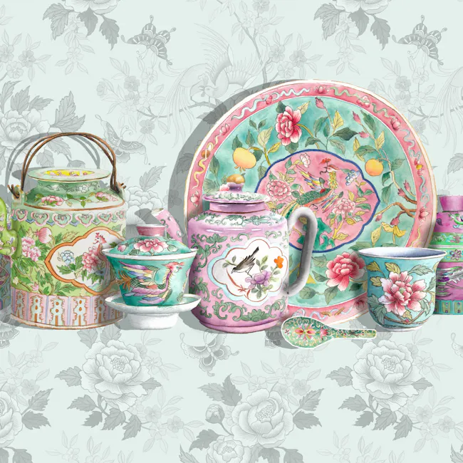 Singlapa Peranakan Teapots Tea Towel - 3 - vibrant floral teapots, traditional Chinese porcelain, ornate tea sets