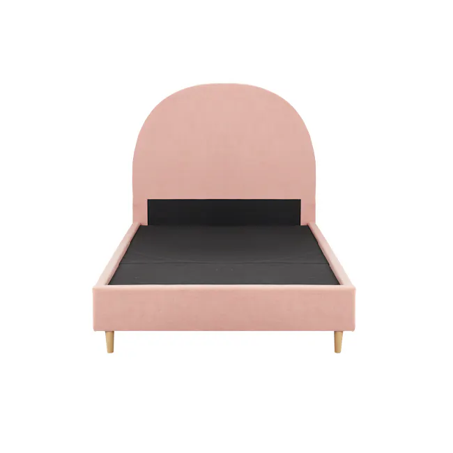 Aspen Super Single Bed - Blush - 3 - Soft pink upholstered bed frame, minimalist design, upholstered headboard, black