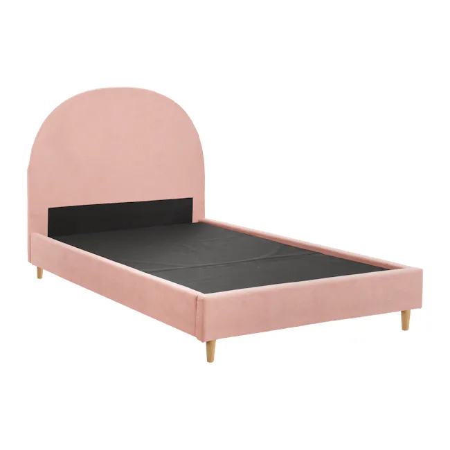 Aspen Super Single Bed - Blush - 4 - Soft pink upholstered bed with black mattress, minimalist design, modern aesthetic