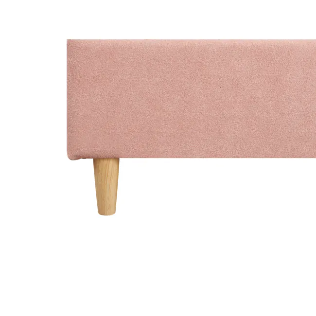 Aspen Super Single Bed - Blush - 10 - Soft pink textured fabric, wooden leg, minimalist design, natural wood grain, cozy
