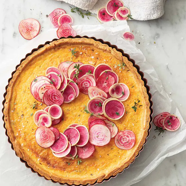 Wiltshire Rose Gold Quiche & Tart Pan - 3 - Golden-brown crust, vibrant red radishes, rustic presentation, fresh herbs