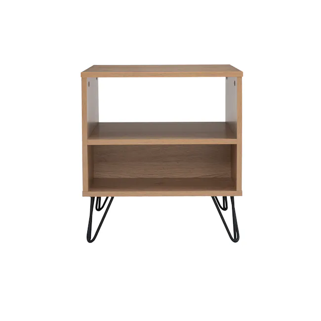 Sandra Bedside Table - Oak - 1 - Wooden shelf with minimalist design, light brown finish, open shelving unit, black metal