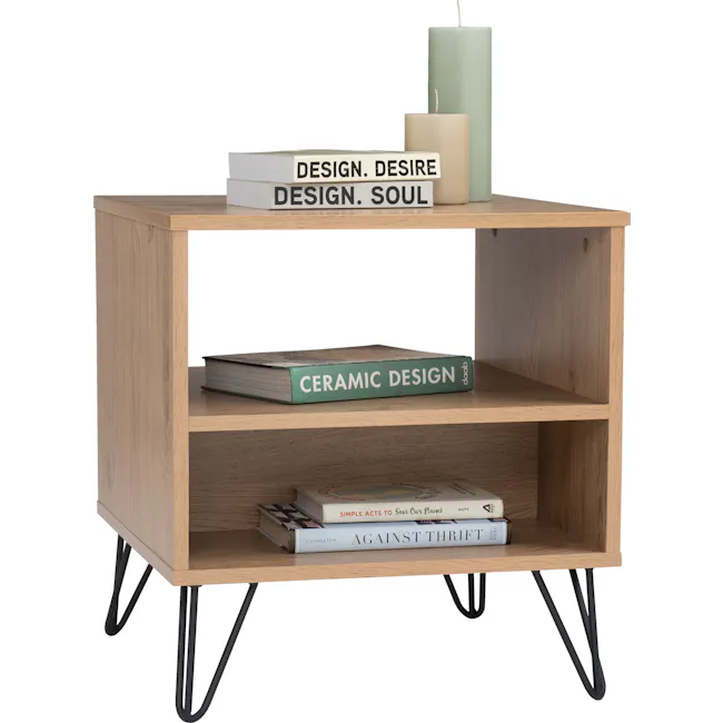 Sandra Bedside Table - Oak - 4 - Wooden shelf, minimalist design, two shelves, light wood finish, black metal legs, books