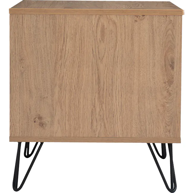 Sandra Bedside Table - Oak - 5 - Wooden cabinet with natural grain texture, top edge, horizontal wood grain pattern, side