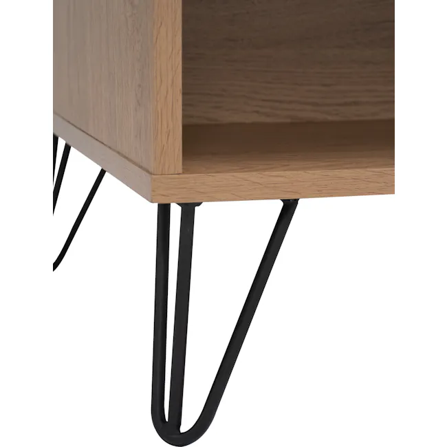 Sandra Bedside Table - Oak - 9 - Wooden desk with sleek black metal legs, minimalist design, natural wood grain texture