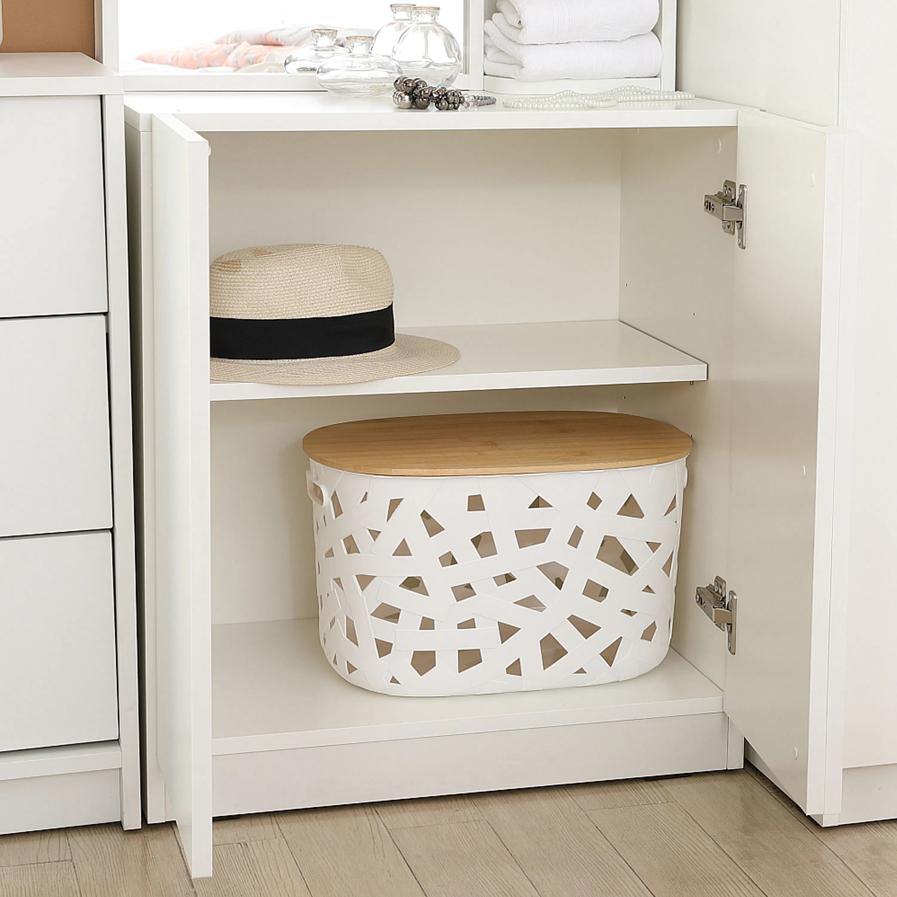Melody Dressing Table Stand 0.6m - White - 9 - White storage unit, minimalist design, open shelf, neatly folded towels