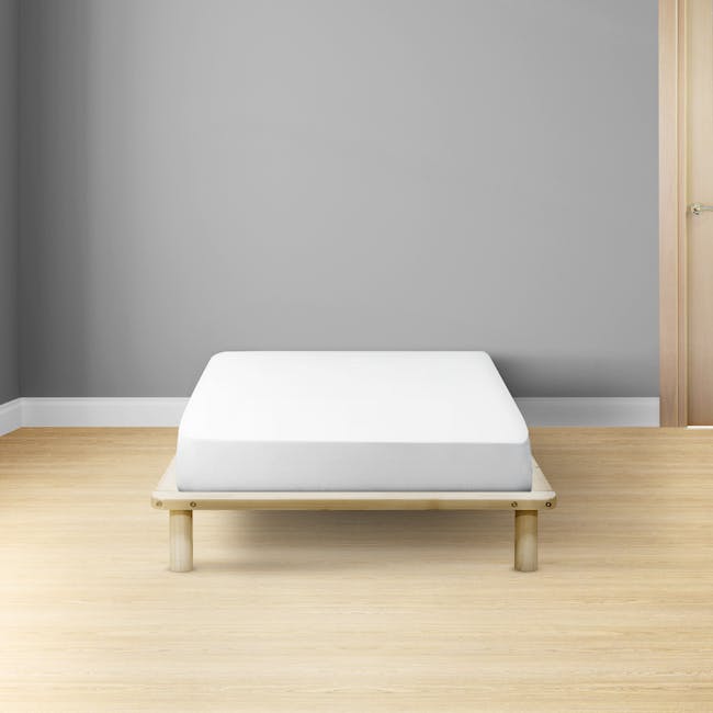 Hiro Single Wooden Platform Bed - 2 - Modern minimalist bedroom, wooden floor, light gray walls, white bed frame, wooden