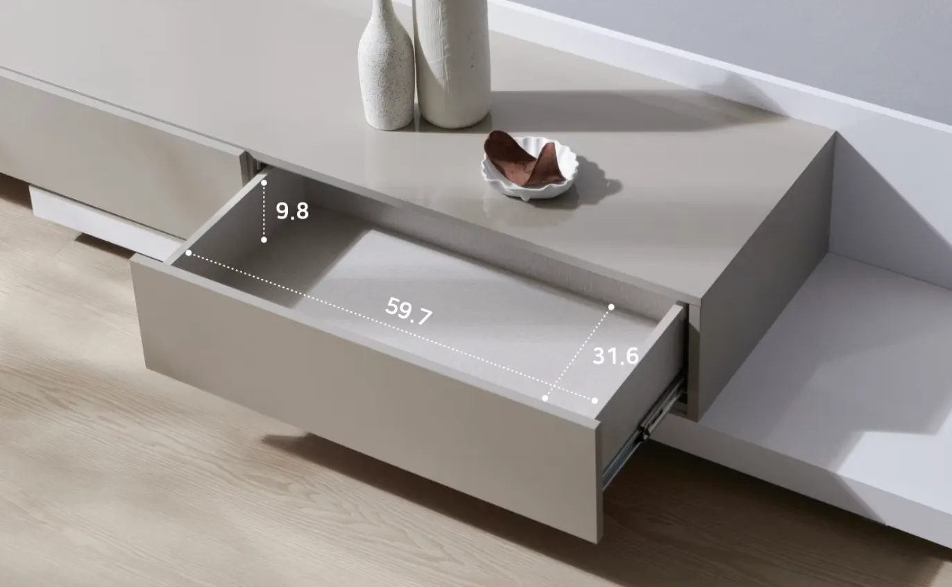 Bryson Extendable TV Console 2.3m-3.3m - White - 9 - modern minimalist furniture, sleek cabinet design, open drawer view