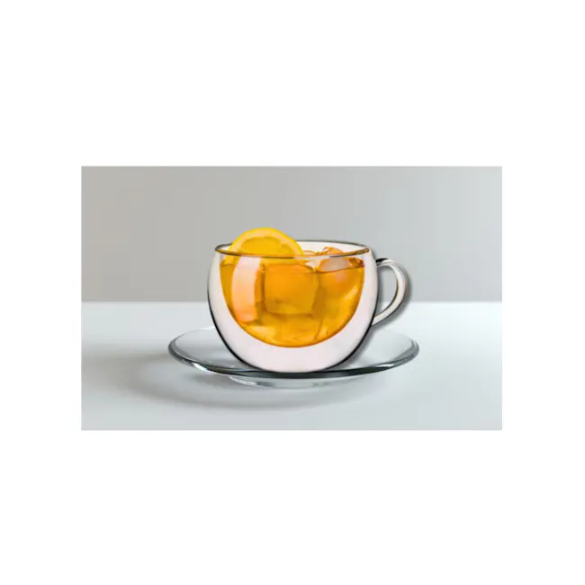 Aramoro Borosilicate Glass Double Wall Cup with Handle And Saucer - 2 Pcs / Set - 2 - Glass cup filled with golden tea