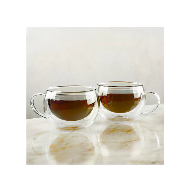 Aramoro Borosilicate Glass Double Wall Cup with Handle And Saucer - 2 Pcs / Set - 3 - Clear glass teacups, glossy brown tea