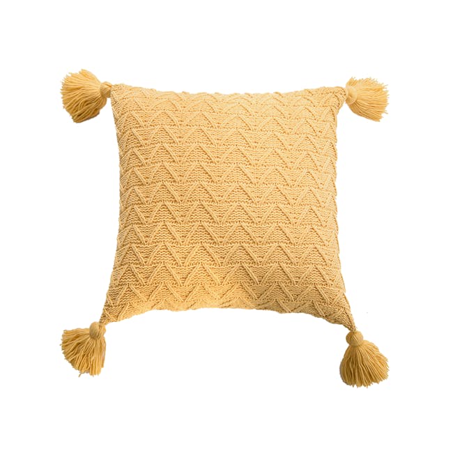 Elly Knitted Cushion Cover with Tassels - Mustard - 0