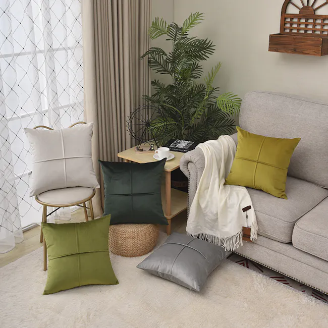 Ava Cushion - Off White - 3 - White pillows, green pillows, gray pillows, beige sofa, wooden side table, white and green