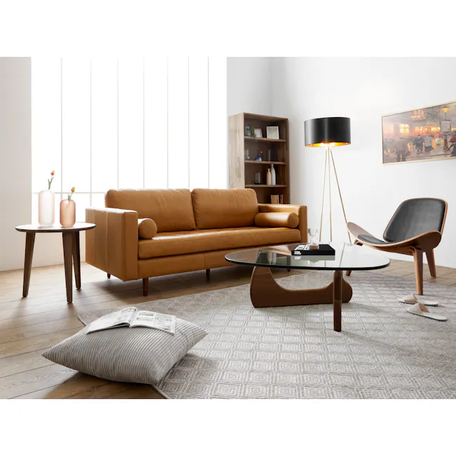 Isabella Floor Lamp - Black, Brass - 2 - Modern living room, cozy seating, brown leather sofa, minimalist decor, abstract