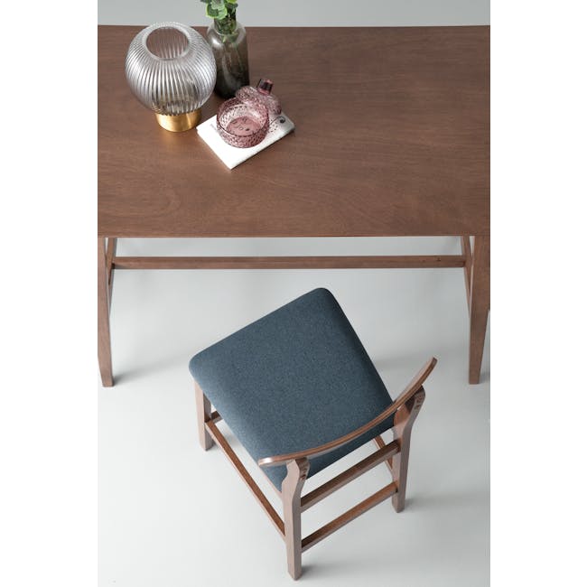 Lennox Counter Chair - Walnut, Navy - 3 - modern wooden table, blue upholstered chair, minimalist decor, textured wooden