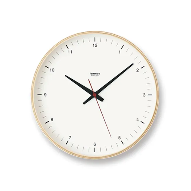 Plywood Wall Clock - 1 - Elegant minimalist wall clock with gold accents, Modern wall clock with black and red hands, White