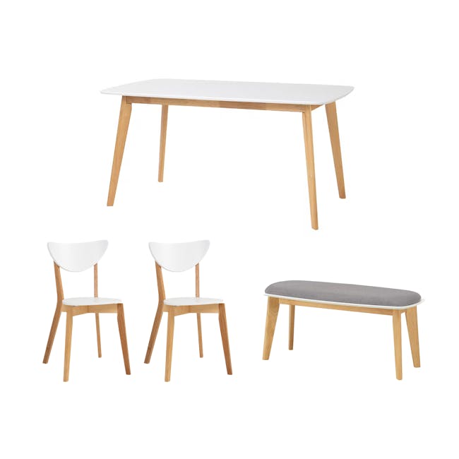 Harold Dining Table 1.5m in Natural, White with Harold Bench 1m and 2 Harold Dining Chairs in Natural, White - 0
