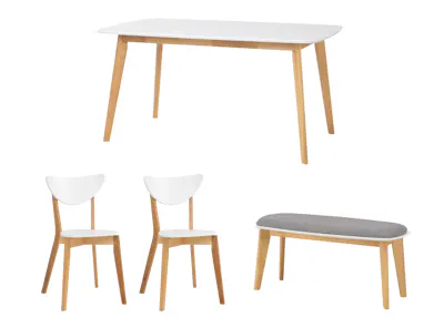 Harold Dining Table 1.5m in Natural, White with Harold Bench 1m and 2 Harold Dining Chairs in Natural, White