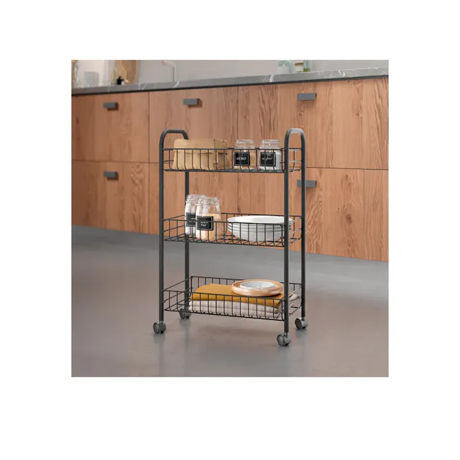 Metaltex Lugano 3 Tier Rolling Cart - Black - 2 - modern kitchen storage cart, compact shelving unit, kitchen utility cart