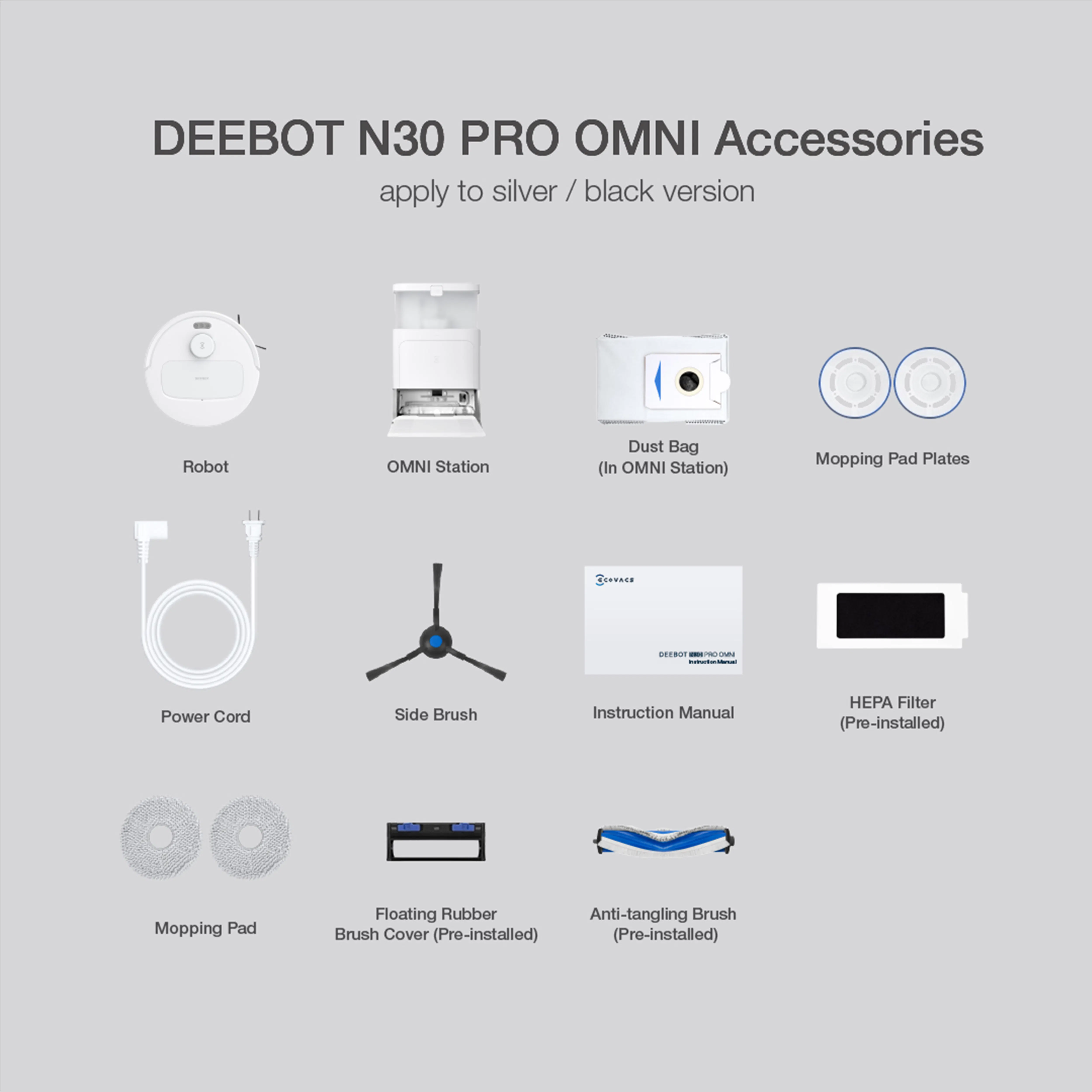 Accessoires De Rechange Pour Ecovacs Deebot N30 PRO OMNI/ N30 OMNI/ N30 PRO, Pièce Avec 1 Brosse Principale 4 Filtres Hepa 4 Serpillere 4 Sac A Po 97361452