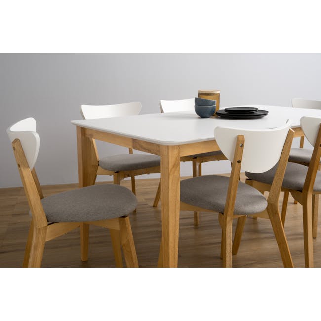 Charmant Dining Table 1.4m - Natural, White - 9 - Modern dining room, minimalist design, white table, wooden chairs, gray
