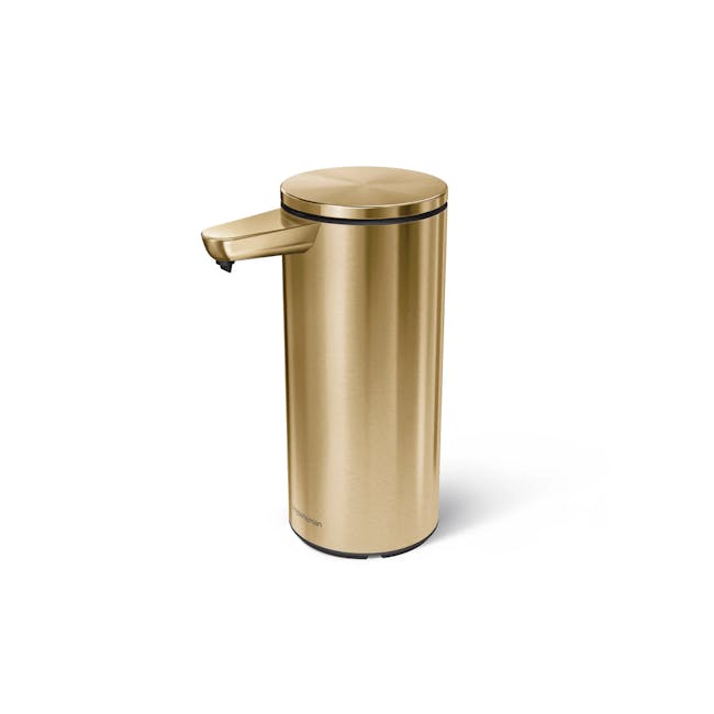 simplehuman 14oz Sensor Pump - Brass - 1 - Gold metallic cylindrical dispenser, sleek design, modern aesthetic, reflective
