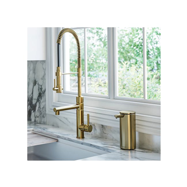 simplehuman 14oz Sensor Pump - Brass - 6 - Golden faucet with dual handles, chrome spiral design, marble countertop, large