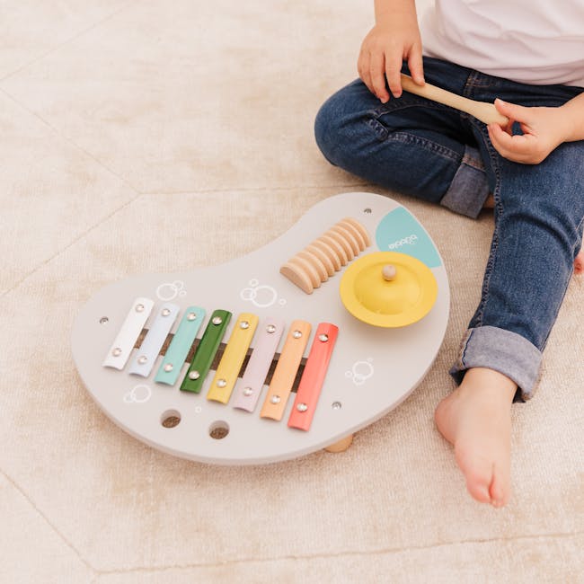 Bubble Wooden Music Table - 5 - child playing with musical instruments, colorful musical blocks, white and yellow toy