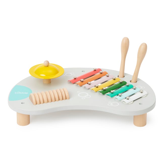 Bubble Wooden Music Table - 2 - Wooden toy with colorful rollers, yellow plate with ball, wooden handles, wooden legs