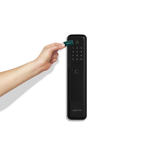 igloohome Push-Pull Mortise - Black - 12 - Digital lock with green card reader, User inserting card into keypad, Black