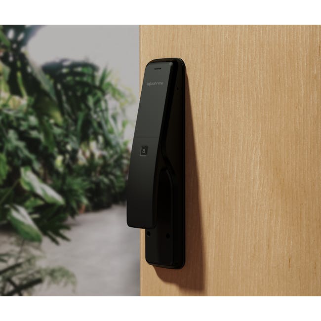 igloohome Push-Pull Mortise - Black - 2 - Smartphone, black, wall mount, outdoor setting, green plants, wooden background