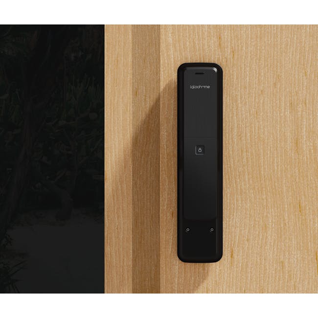 igloohome Push-Pull Mortise - Black - 3 - Wooden surface, black smartphone, lock button, sleek design, modern device, indoor