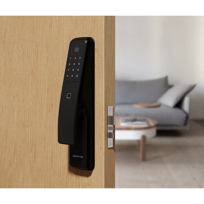 igloohome Push-Pull Mortise - Black - 4 - Wooden door, black keypad, modern lock, sleek design, indoor setting, indoor