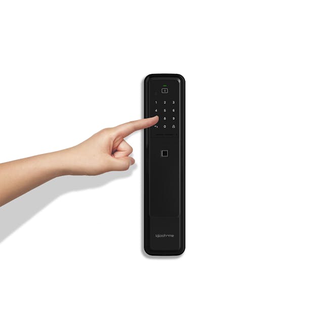 igloohome Push-Pull Mortise - Black - 8 - Black keypad with numeric buttons and green indicator light, Human finger pressing