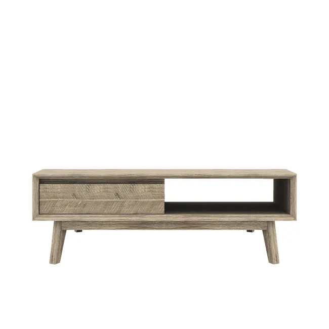 Leland Twin Drawer Coffee Table - 1 - Wooden TV stand with clean lines, minimalist design, rectangular shape, light brown