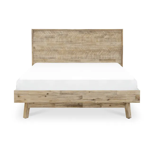 Leland Queen Bed - 1 - Wooden headboard, minimalist design, natural wood finish, rustic aesthetic, wooden legs, clean lines