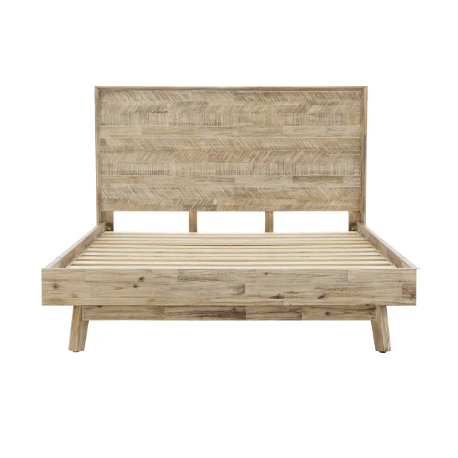 Leland Queen Bed - 5 - Wooden bed frame, natural wood finish, rustic design, wooden slats, wooden texture, wooden paneling