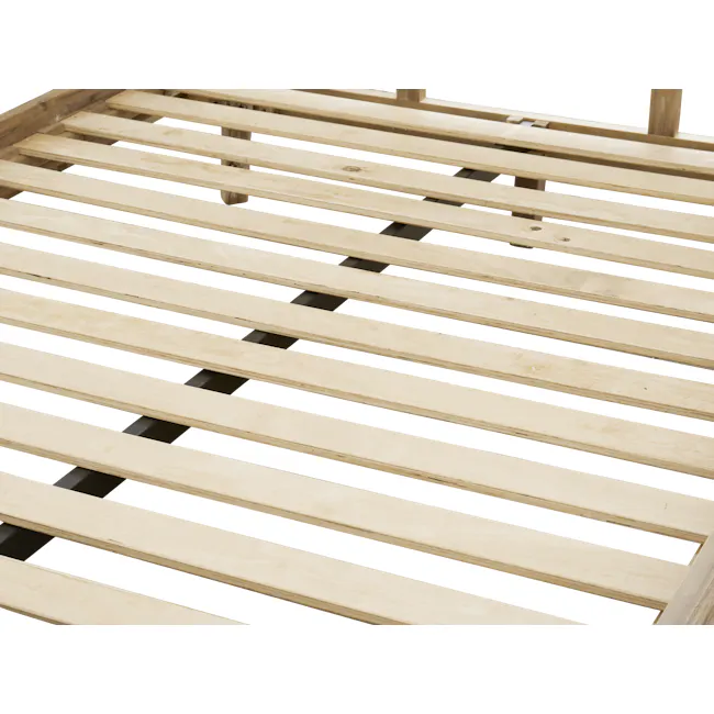 Leland Queen Bed - 13 - Light wooden slats, unfinished wooden beams, natural wood grain, rustic aesthetic, unfinished