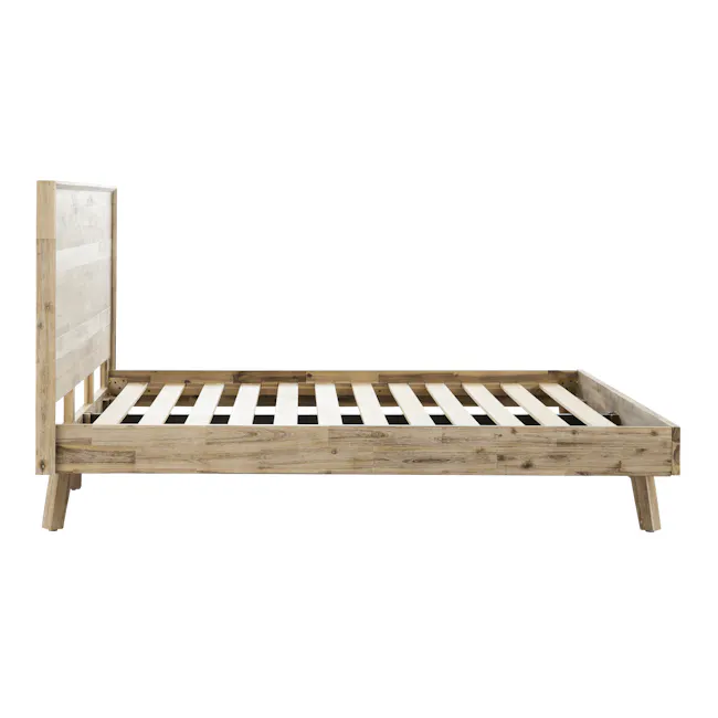 Leland Queen Bed - 7 - Wooden bed frame, rustic design, natural wood finish, plank construction, horizontal slats
