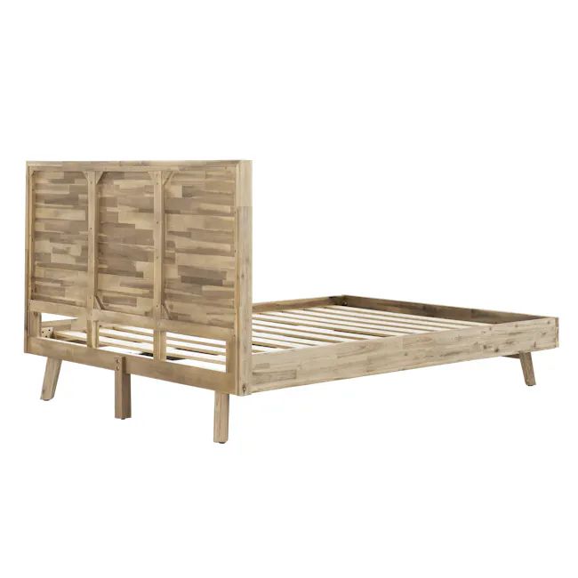 Leland Queen Bed - 8 - Wooden frame, rustic design, natural wood, plank texture, horizontal slats, minimalist style, outdoor